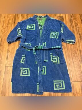 Vintage 80s/90s JCPenney Terry Cloth Robe W/ Tie Blue Green One Size Adult